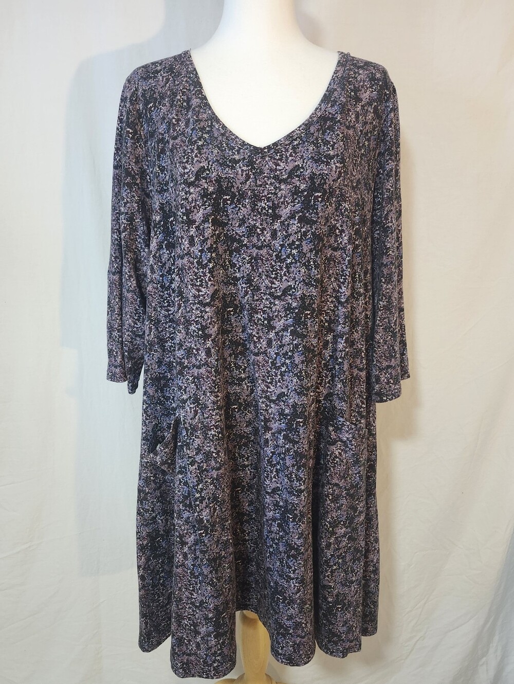 Blue Sky V-Neck Purple Floral Swing Dress With Frint Pockets.